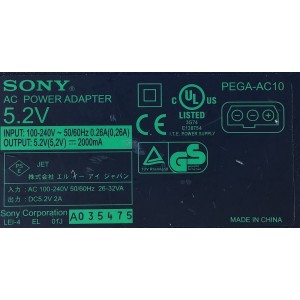 ADAPTADOR SONY VCA / NUMERO DE PARTE PEGA-AC10 / MODELO PEGA-AC10 / ENTRADA VCA 100-240V~50-60Hz .26A / SALIDA VCD 5.2V  2000 mA	